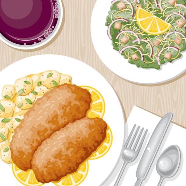 overhead-ansicht eines dinner-tisches - schnitzel food directly above plate stock-grafiken, -clipart, -cartoons und -symbole