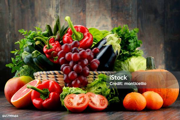 Composition With Variety Of Fresh Vegetables And Fruits Stock Photo - Download Image Now