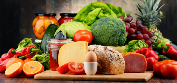 istock Organic food including vegetables fruit bread dairy and meat 641800058