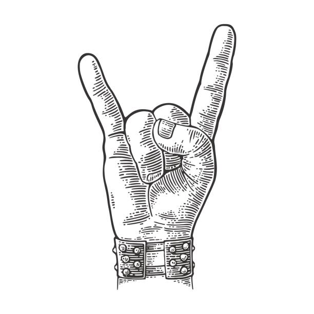 Rock and Roll hand sign. Vector black vintage engraved illustration. Rock and Roll hand sign. Hand with metal spiked bracelet giving the devil horns gesture. Vector black vintage engraved illustration. Isolated on white background. horn sign stock illustrations