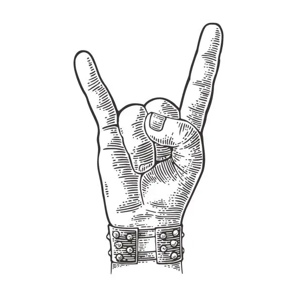 Vector illustration of Rock and Roll hand sign. Vector black vintage engraved illustration.