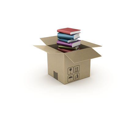 Stack of Books on Open CardBoard Box - White Background - 3D Rendering
