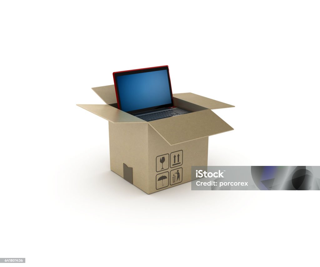 Computer Box Opening Design Computer Laptop And Open Cardboard Box 3d Rendering Stock Photo ...