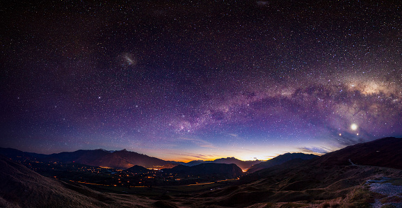 Scenic view of Queenstown, New Zealand with Milky Way