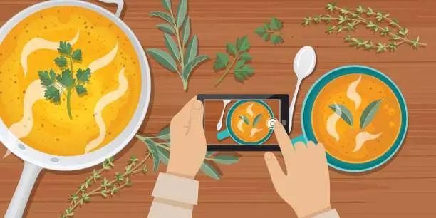 Vector illustration of Overhead Angle Of A Person Using A Smart Phone to Take Food Photos