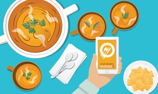Overhead Angle Of A Person Using Apps Online For Cooking Overhead Angle Of A Person Using Apps Online For Recipes And Cooking Help. Technology concept. tureen stock illustrations