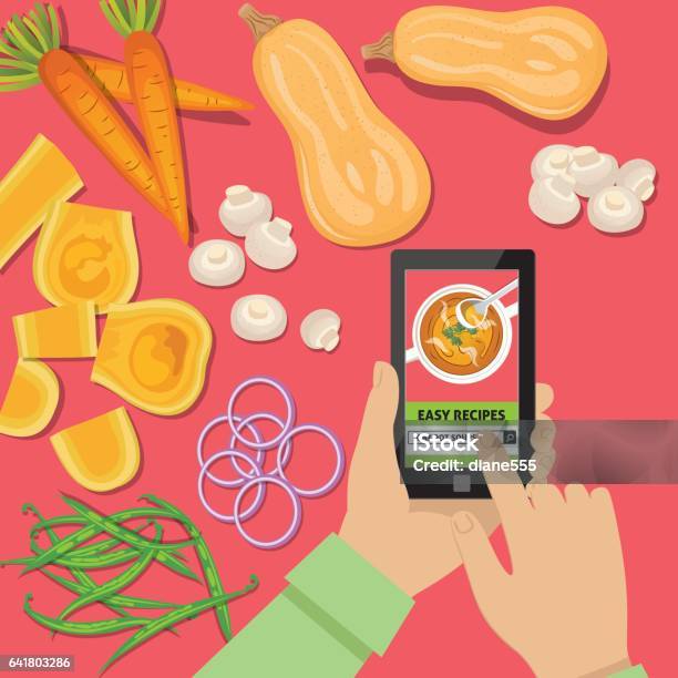 Overhead Angle Of A Person Using Apps Online For Cooking Stock Illustration - Download Image Now