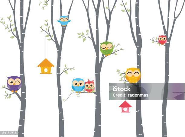 Happy Owl Background With Tree Branch Stock Illustration - Download Image Now - Owl, Tree, Bird