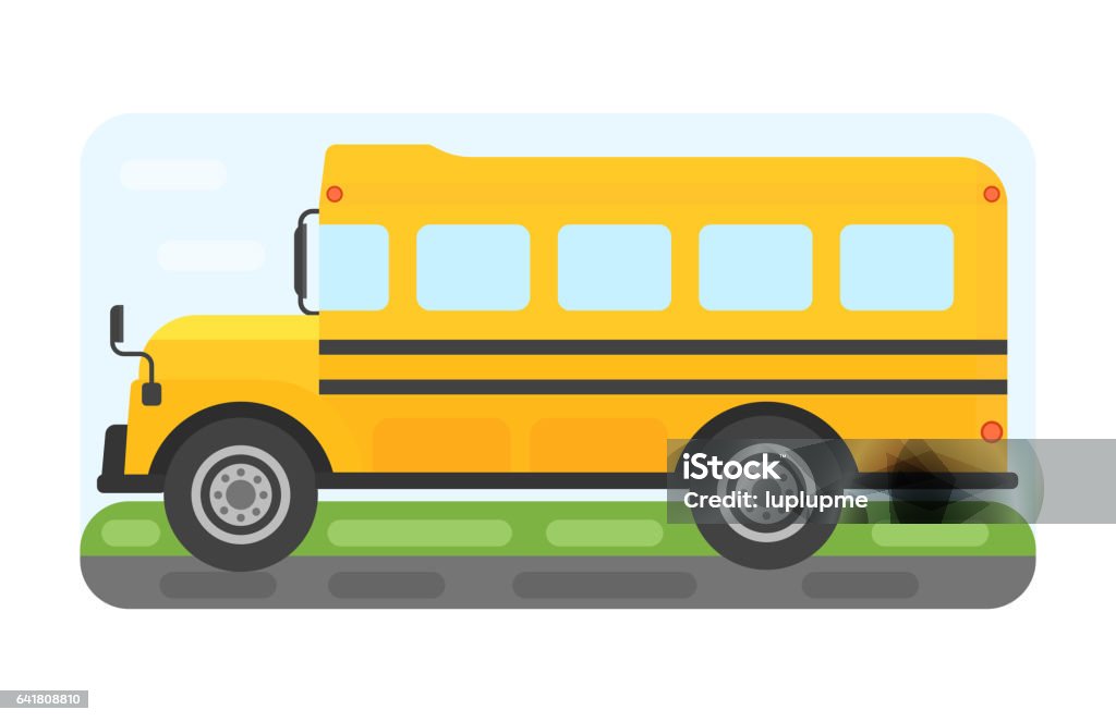 School bus transport for children vector illustration Illustration of school bus riding yellow transportation education. Student child isolated safety stop drive vector. Travel automobile public trip childhood truck. School Bus stock vector