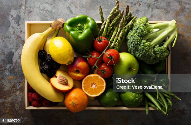 Fresh Colorful Vegetables And Fruits Stock Photo - Download Image Now - Vegetable, Fruit, Freshness