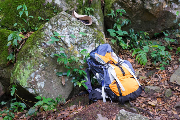 istock Backpack on moss stone. Concept of hiking and trekking 641811630