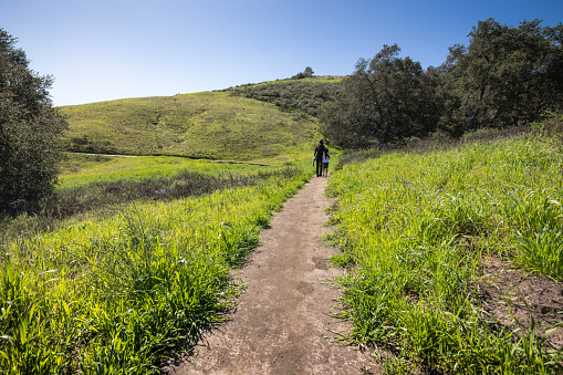 A mother and daughter going for a hike through a meadow. They're walking along a muddy foot path, surrounded by lush green grass on either side. The location is set in the hills of Orange County, CA after a recent Winter rainfall. The mother has her arm around her daughter, showing a gesture of love and tenderness.