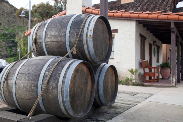 istock Vintage wooden alcohol barrels 641818944