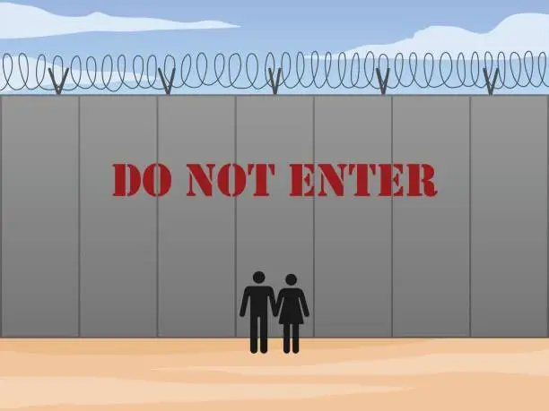 Vector illustration of Border wall between United States and Mexico with do not enter sign in English vector illustration