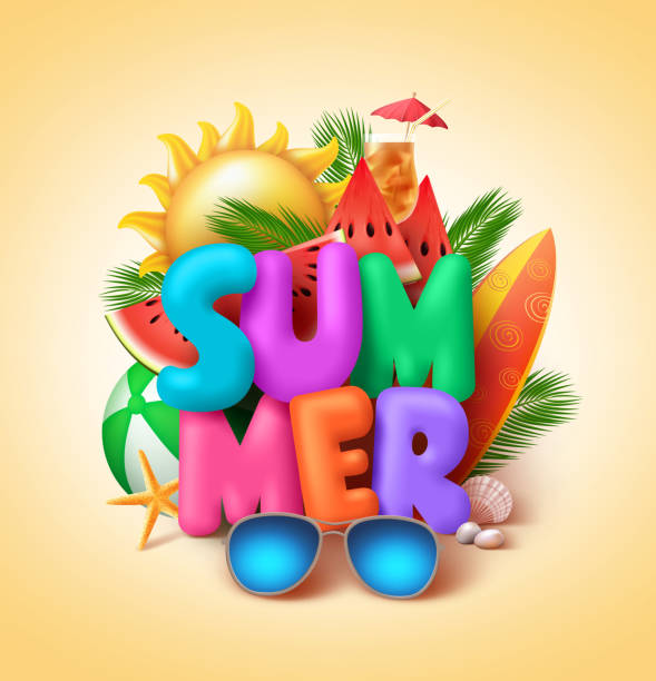 3 d のカラフルな夏本文夏ベクター バナー デザイン - text surfing surf palm tree点のイラスト素材／クリップアート素材／マンガ素材／アイコン素材