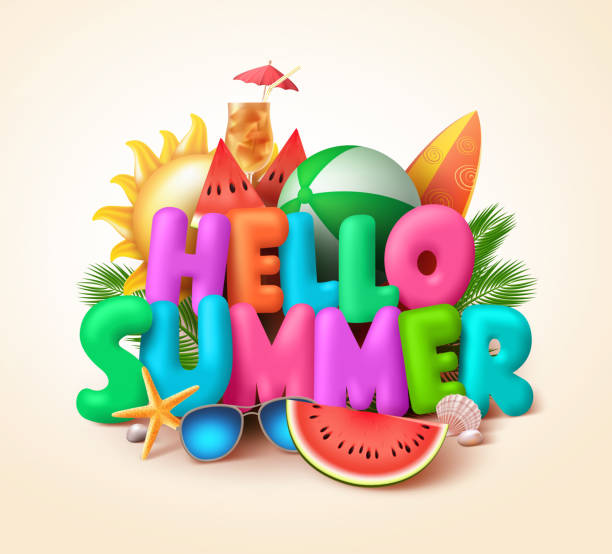 Hello summer text banner design with colorful summer elements Hello summer text banner design with colorful summer elements like watermelons and beach balls in yellow background. Vector illustration. yellow melons field stock illustrations