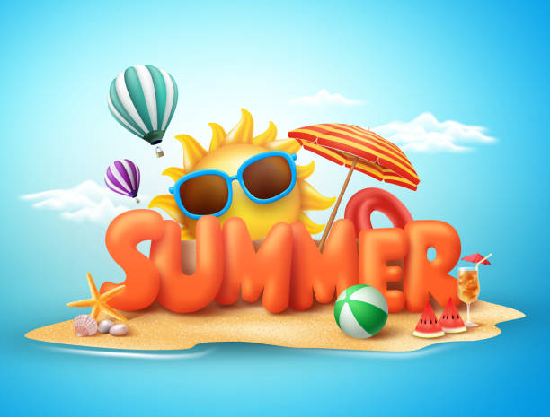 Summer vector banner design concept of 3d text Summer vector banner design concept of 3d text in beach island with summer elements and balloons in blue sky background. Vector illustration. interesting vacations stock illustrations