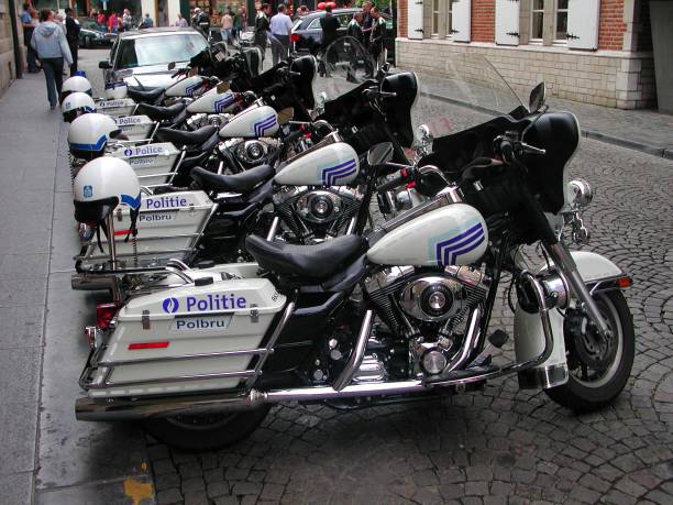Brussels, Belgium: June 16, 2006: 5 Harley Davidson supplied to the Belgian police parked in a row on the road in front of the command.