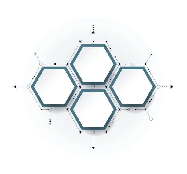 illustrazioni stock, clip art, cartoni animati e icone di tendenza di molecola vettoriale con etichetta carta 3d, sfondo esagono integrato - hexagon three dimensional shape diagram abstract