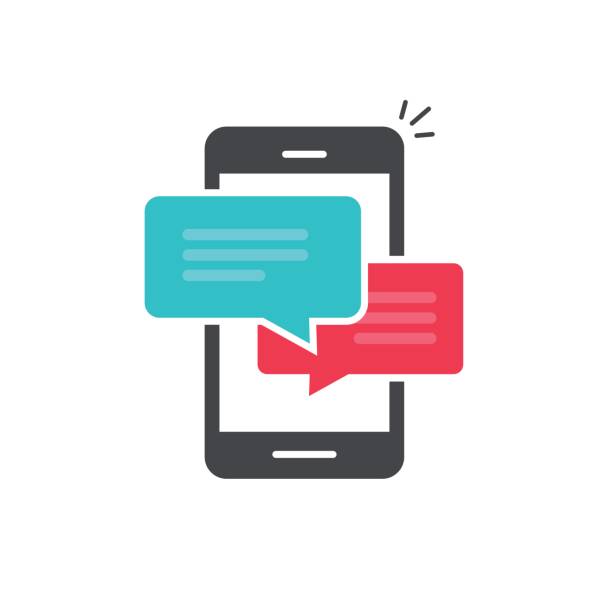 illustrazioni stock, clip art, cartoni animati e icone di tendenza di chat nel vettore icona del telefono cellulare, simbolo dei discorsi a bolle di dialogo dello smartphone piatto - mandare un sms