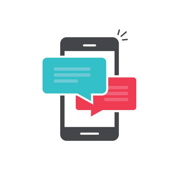 Chat in mobile phone icon vector, flat smartphone dialog bubble speeches symbol Chat in mobile phone icon vector isolated on white background, flat style smartphone dialog bubble speeches symbol, cellphone messages concept, colorful mobile sms or chatting icon quotation text illustrations stock illustrations