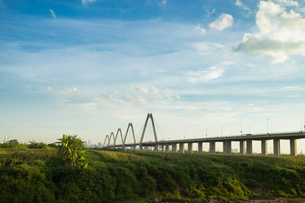 Nhat Tan bridge viewing from wild land on Red River riverbed