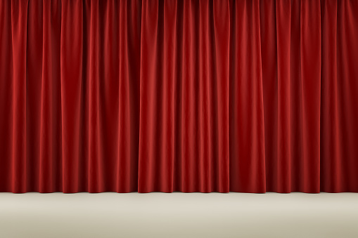 Open red curtains in theatre. 3D rendered illustration.