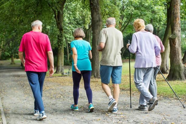 istock Group of senior people walking through park 641833884