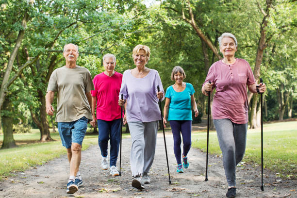 Group of seniors walking in park Group of active seniors walking on road through park in morning nordic walking pole stock pictures, royalty-free photos & images