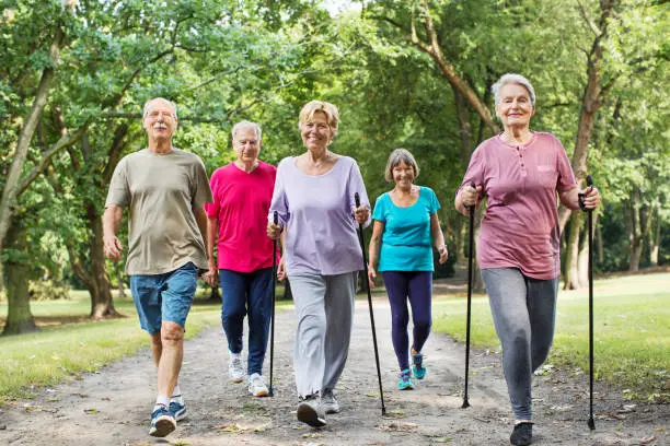 Group of active seniors walking on road through park in morning
