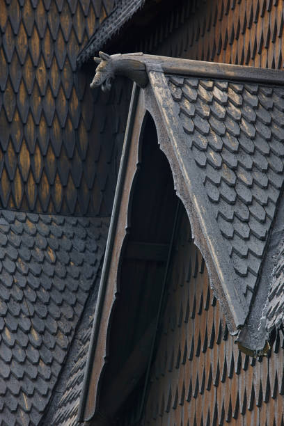 Norwegian stave church detail. Heddal. Historic building. Norway tourism Norwegian stave church detail. Heddal. Historic building. Norway tourism. Horizontal heddal stock pictures, royalty-free photos & images