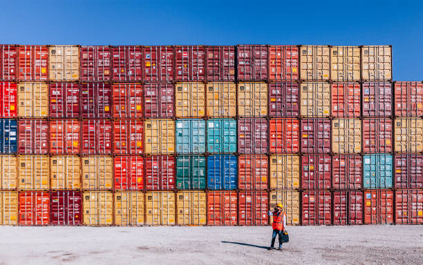 el ingeniero trabaja con contenedores de carga - industrial ship dock worker engineer harbor fotografías e imágenes de stock