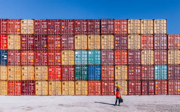 l'ingegnere che lavora con cargo containers - porto built structure commercial dock port wine foto e immagini stock