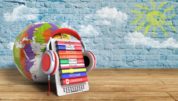 e-boock con l'immagine dell'illustrazione 3d delle lingue di apprendimento audio globe - spanish culture audio foto e immagini stock