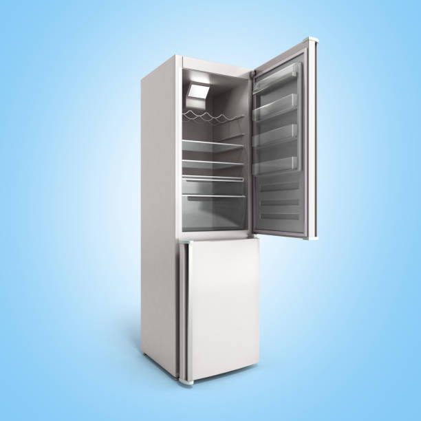 istock Stainless steel modern open refrigerator on white 3d illustration 641837780