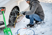 Mounting snow chains on a car tire