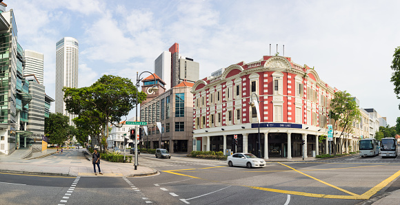 Singapore - May 1 2016: Panorama street view of Stamford intersection with Singapore Management University