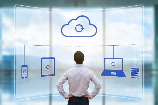 Photo of Cloud synchronizing between devices concept, virtual screen, syncing data, businessman