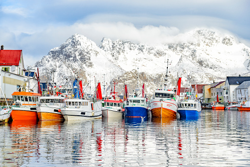 Barcos en Henningsvaer de pesca en invierno en el archipiélago de Lofoten, Noruega photo