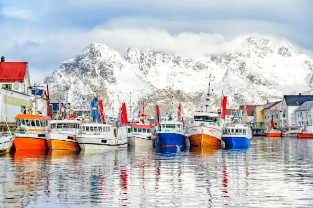 Fishing boats in the harbour of Henningsvaer a fishing village located on several small islands off the southern coast of Austvagoya in the Lofoten archipelago in Norway.