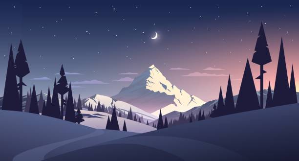 산 및 달 밤 풍경 - snow winter landscape forest stock illustrations
