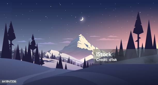 Night Landscape With Mountain And Moon Stock Illustration - Download Image Now - Winter, Mountain, Landscape - Scenery