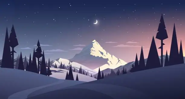 Vector illustration of night landscape with mountain and moon