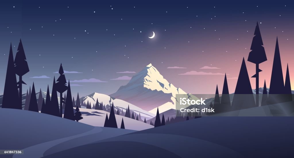 Phong Cảnh Ban Đêm Với Núi Và Mặt Trăng Hình minh họa Sẵn có - Tải xuống  Hình ảnh Ngay bây giờ - Phong cảnh, Mùa đông, Núi - iStock