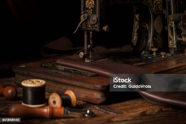 Old Sewing Machine Stock Photo - Download Image Now - Leather, Tailor, Sewing