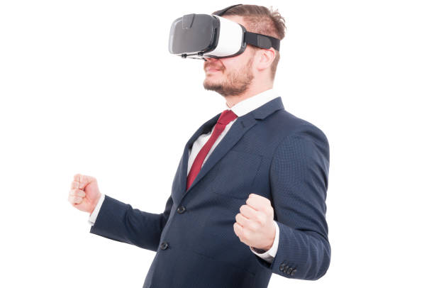 istock Male in suit with hi-tech reality glasses 641848750