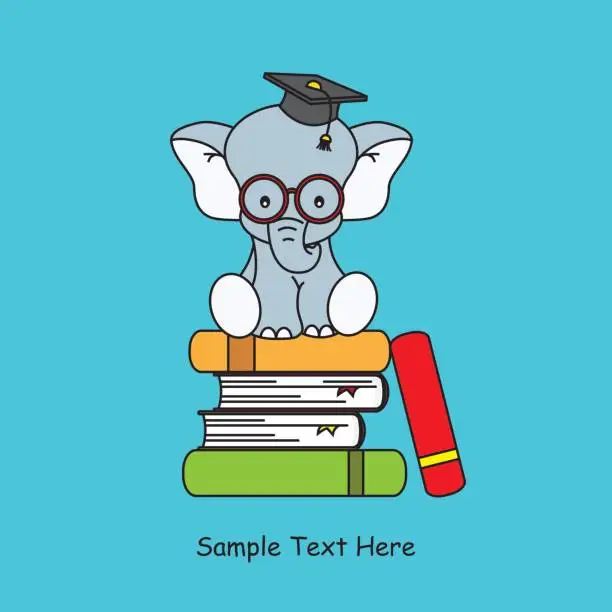 Vector illustration of elephant sitting on top of books graduation cap