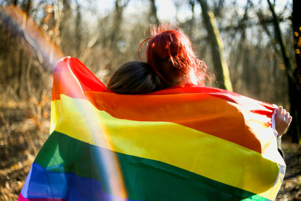 istock Homosexual couple hugging and holding rainbow flag 641856402