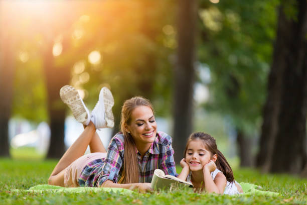 istock Mother and daughter reading a book in the park 641856522