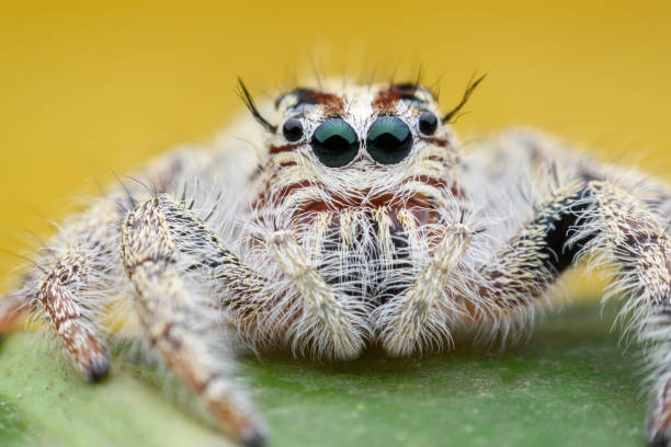 istock Super macro female Hyllus diardi or Jumping spider on green leaf 641857708